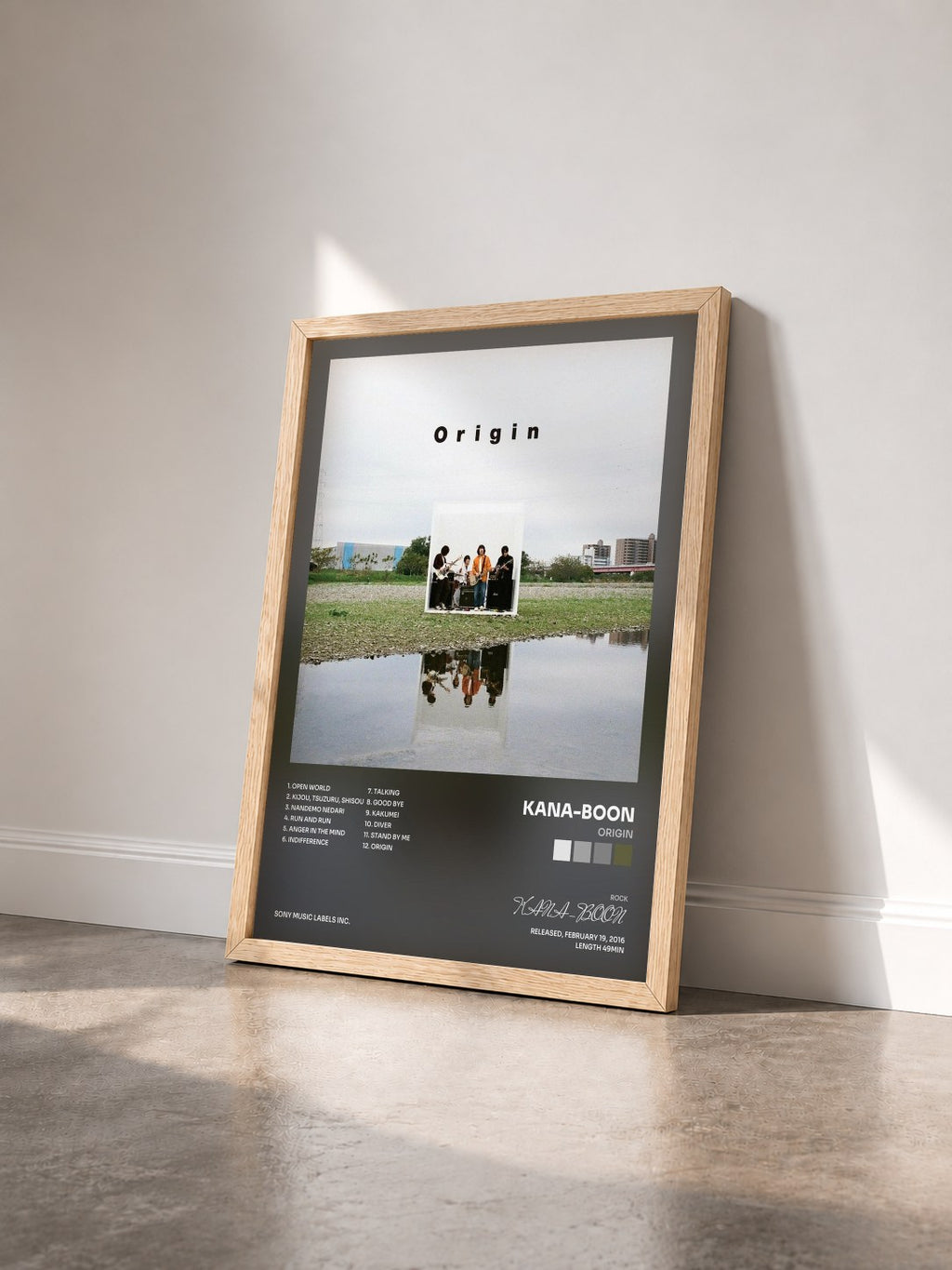 #bois Tableau de l'album Origin de KANA-BOON vu de trois quarts, cadre en bois brut