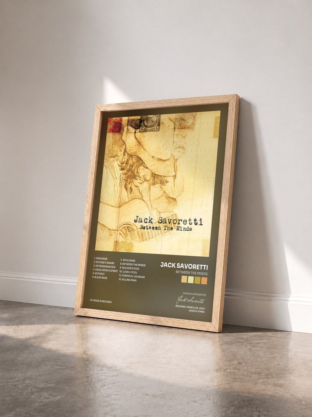 #bois Tableau de l'album Between The Minds de Jack Savoretti vu de trois quarts, cadre en bois brut