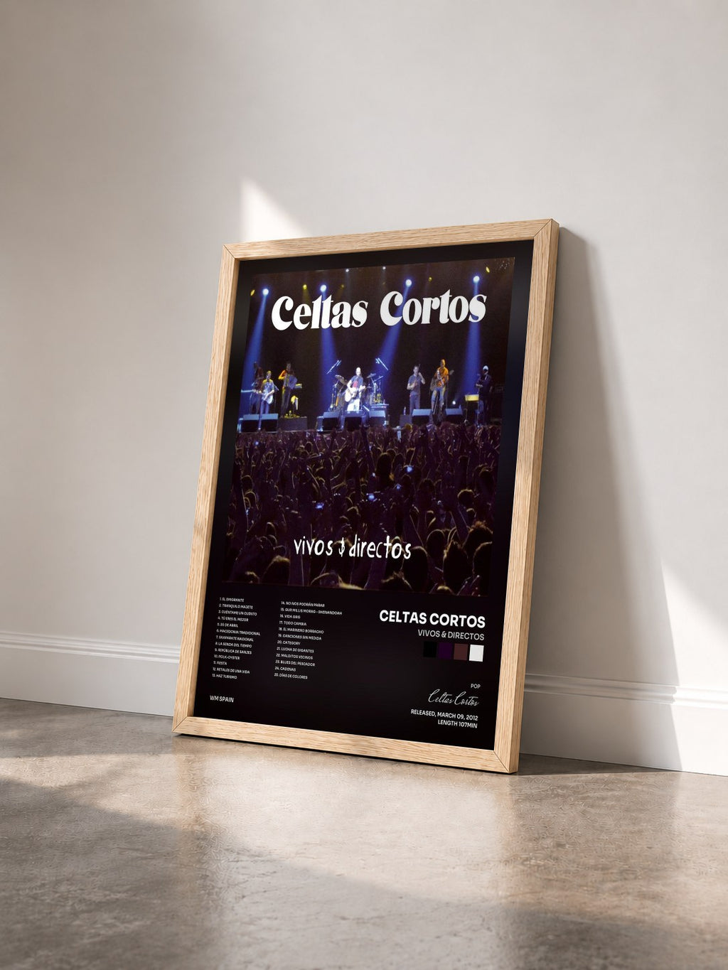 #bois Tableau de l'album Vivos & directos de Celtas Cortos vu de trois quarts, cadre en bois brut