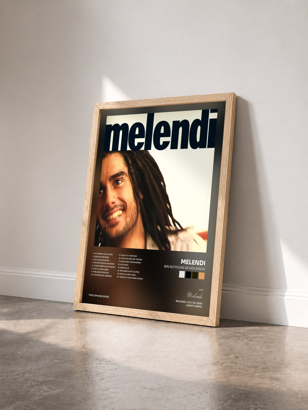 #bois Tableau de l'album Sin Noticias De Holanda de Melendi vu de trois quarts, cadre en bois brut