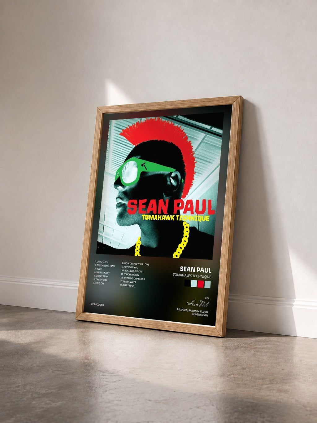 #bois Tableau de l'album Tomahawk Technique de Sean Paul vu de trois quarts, cadre en bois brut
