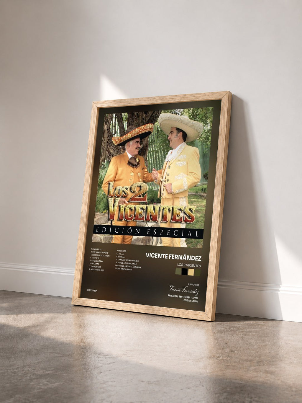#bois Tableau de l'album Los 2 Vicentes de Vicente Fernández vu de trois quarts, cadre en bois brut