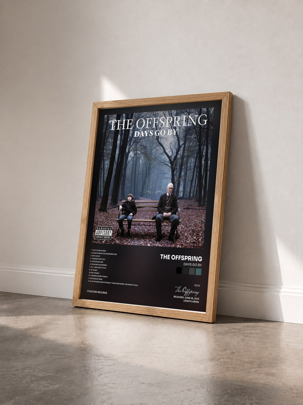 #bois Tableau de l'album Days Go By de The Offspring vu de trois quarts, cadre en bois brut