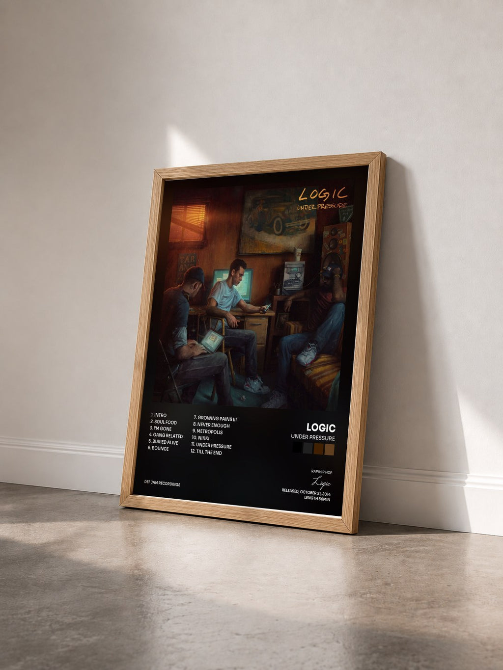 #bois Tableau de l'album Under Pressure de Logic vu de trois quarts, cadre en bois brut