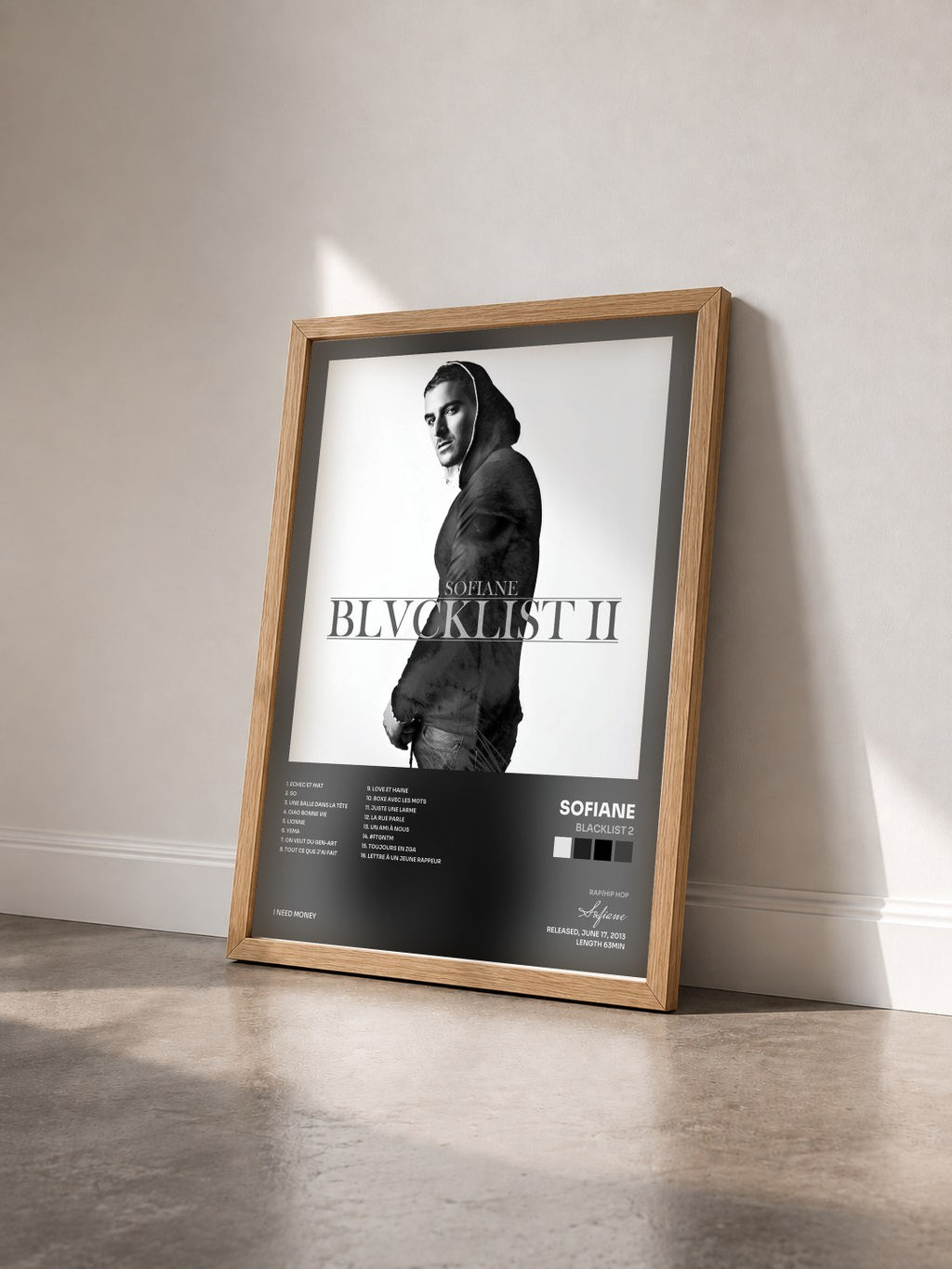 #bois Tableau de l'album Blacklist 2 de Sofiane vu de trois quarts, cadre en bois brut