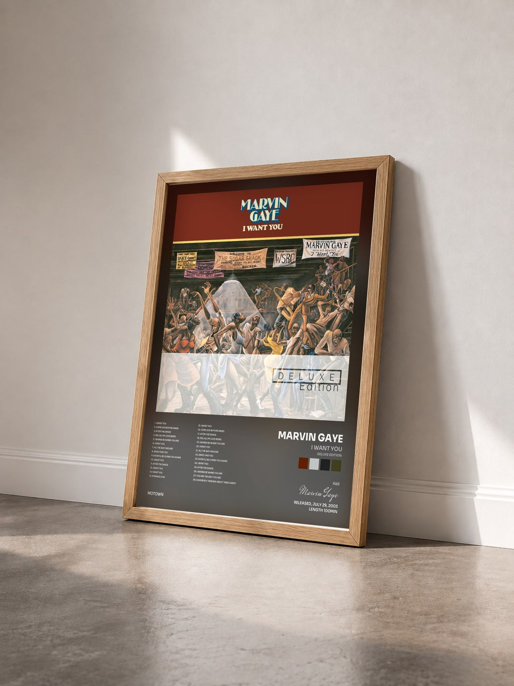#bois Tableau de l'album I Want You (Deluxe Edition) de Marvin Gaye vu de trois quarts, cadre en bois brut