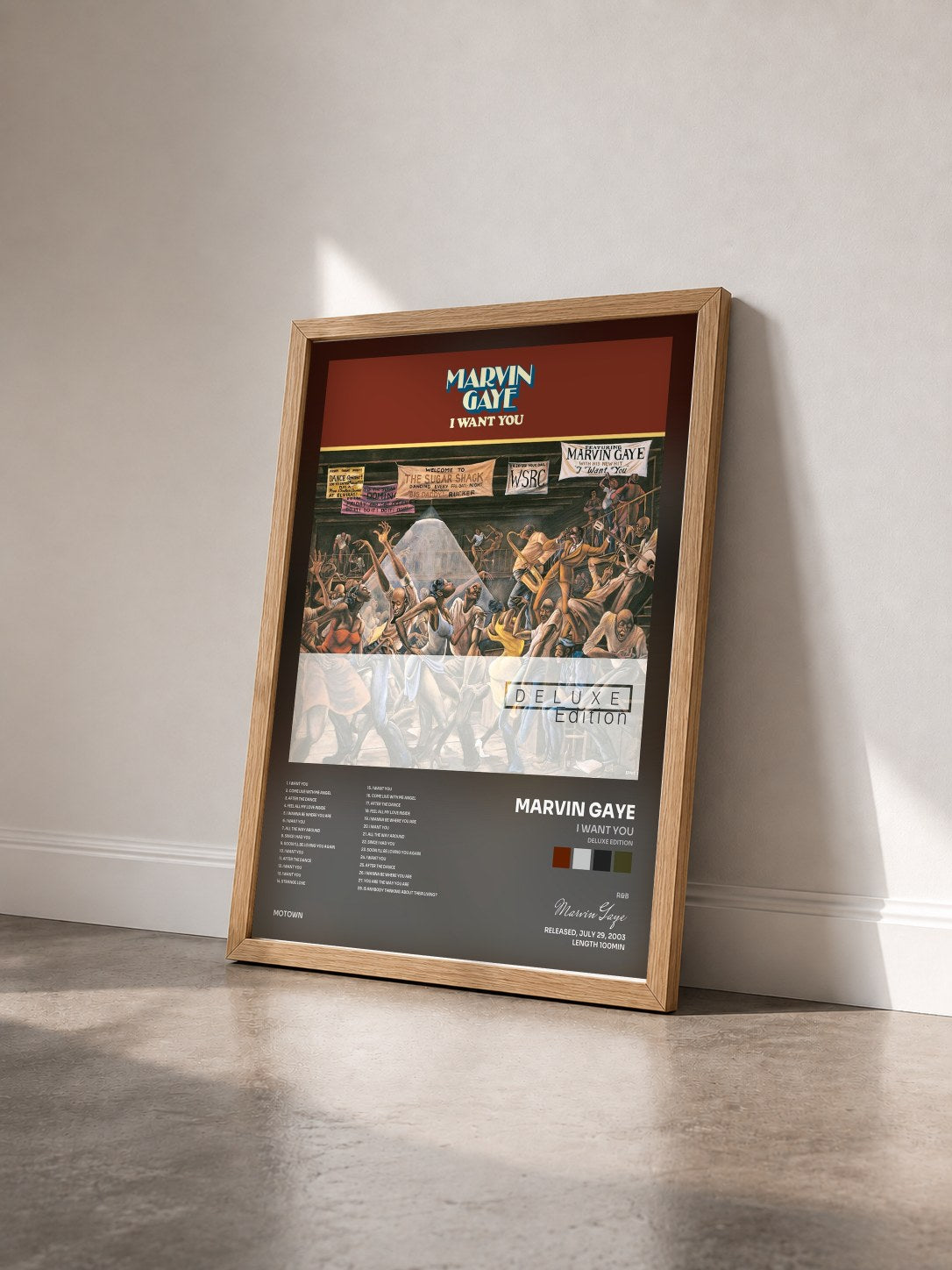 #bois Tableau de l'album I Want You (Deluxe Edition) de Marvin Gaye vu de trois quarts, cadre en bois brut