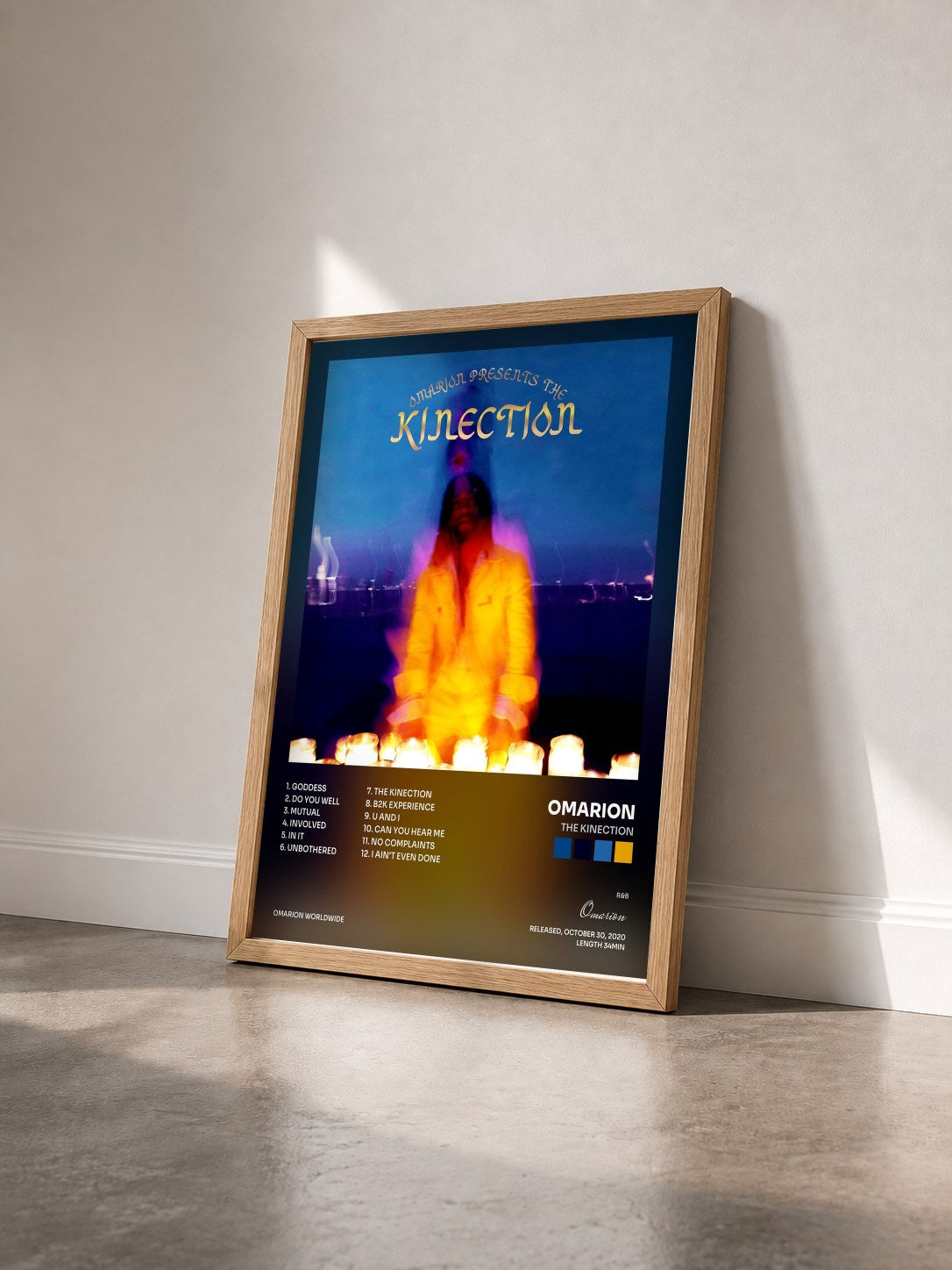 #bois Tableau de l'album The Kinection de Omarion vu de trois quarts, cadre en bois brut