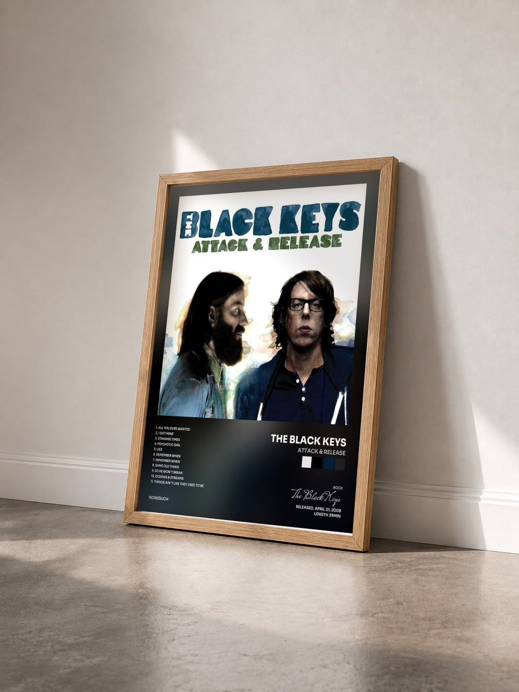 #bois Tableau de l'album Attack & Release de The Black Keys vu de trois quarts, cadre en bois brut
