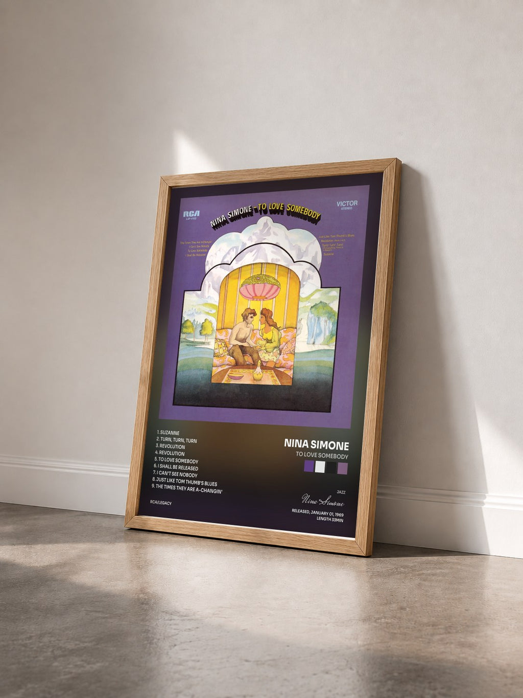 #bois Tableau de l'album To Love Somebody de Nina Simone vu de trois quarts, cadre en bois brut