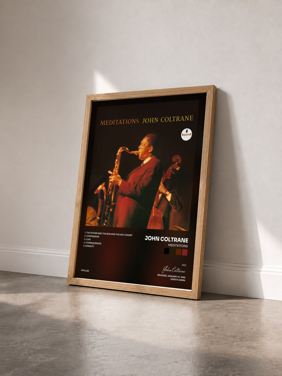 #bois Tableau de l'album Meditations de John Coltrane vu de trois quarts, cadre en bois brut