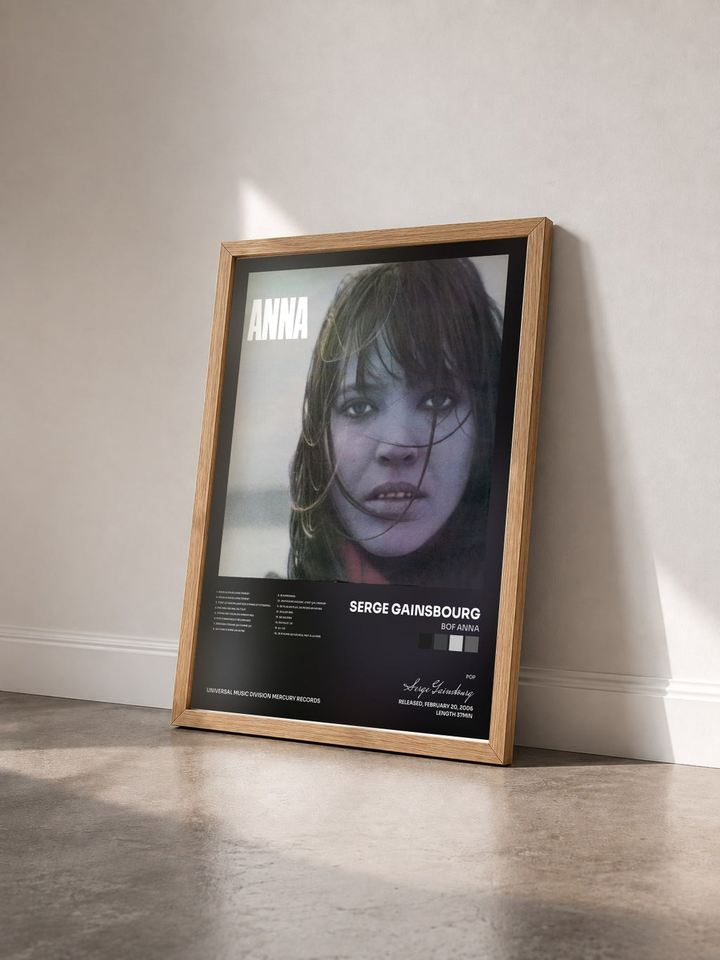 #bois Tableau de l'album BOF Anna de Serge Gainsbourg vu de trois quarts, cadre en bois brut