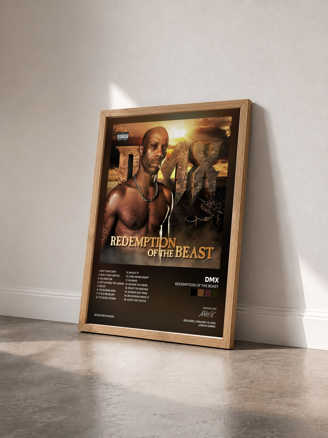 #bois Tableau de l'album Redemption of The Beast de DMX vu de trois quarts, cadre en bois brut