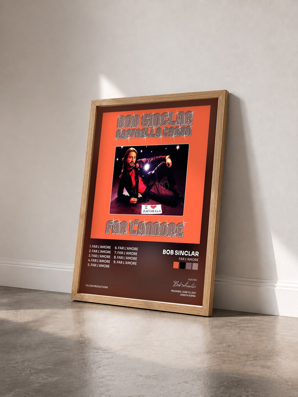 #bois Tableau de l'album Far l'amore de Bob Sinclar vu de trois quarts, cadre en bois brut