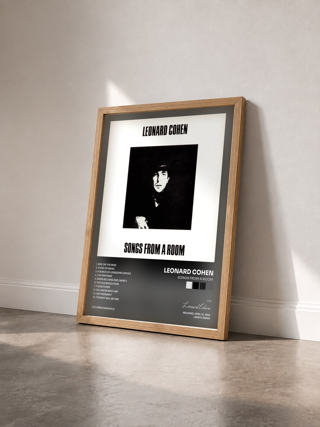 #bois Tableau de l'album Songs From A Room de Leonard Cohen vu de trois quarts, cadre en bois brut