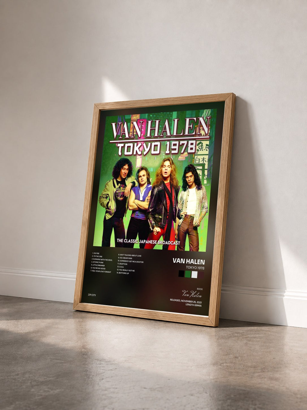 #bois Tableau de l'album Tokyo 1978 de Van Halen vu de trois quarts, cadre en bois brut