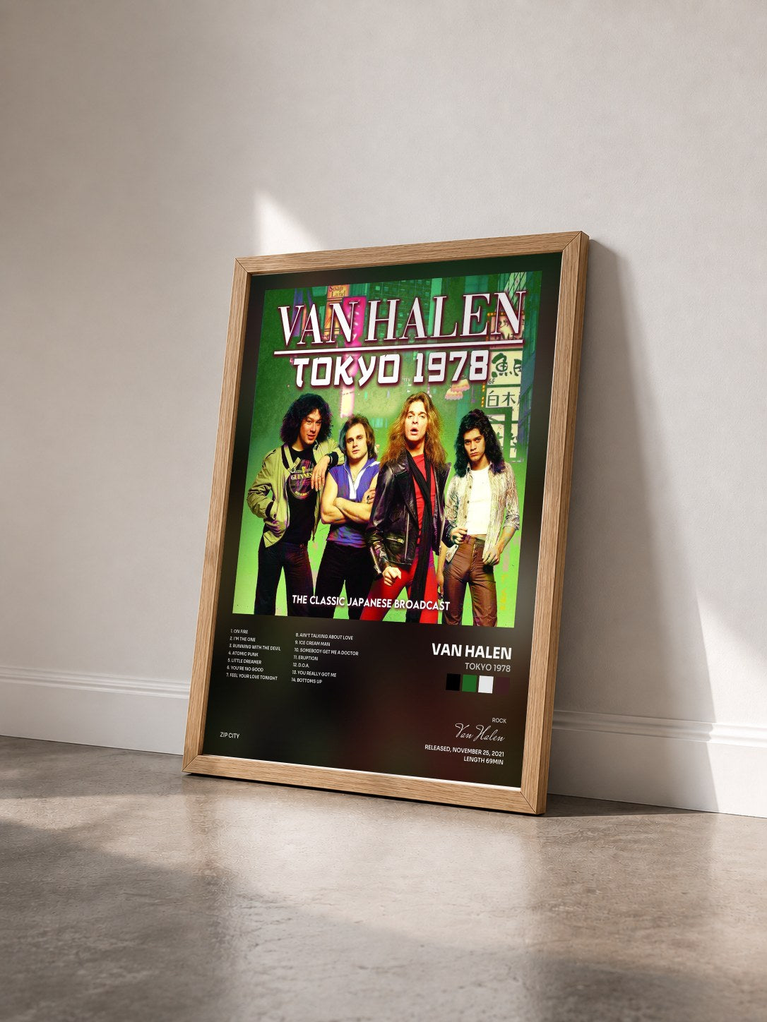 #bois Tableau de l'album Tokyo 1978 de Van Halen vu de trois quarts, cadre en bois brut