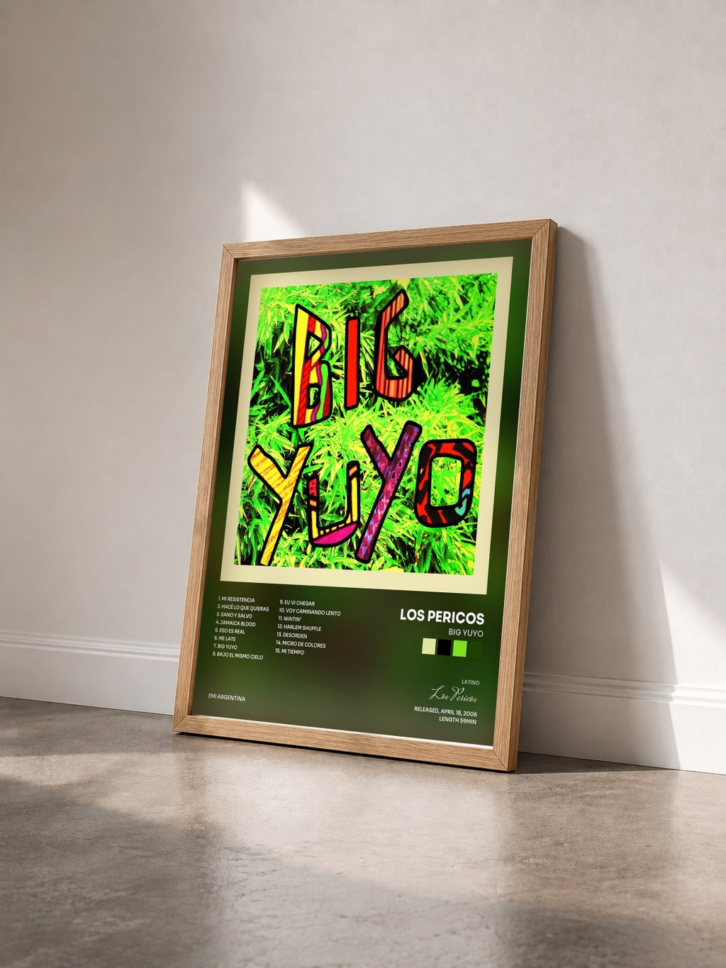 #bois Tableau de l'album Big Yuyo de Los Pericos vu de trois quarts, cadre en bois brut