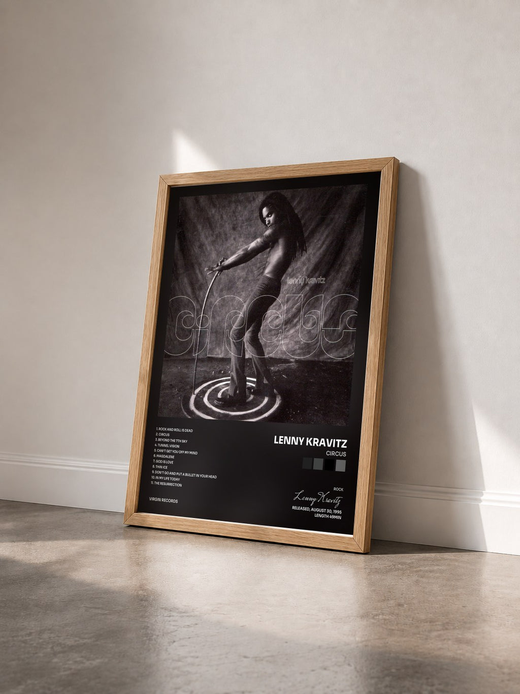 #bois Tableau de l'album Circus de Lenny Kravitz vu de trois quarts, cadre en bois brut