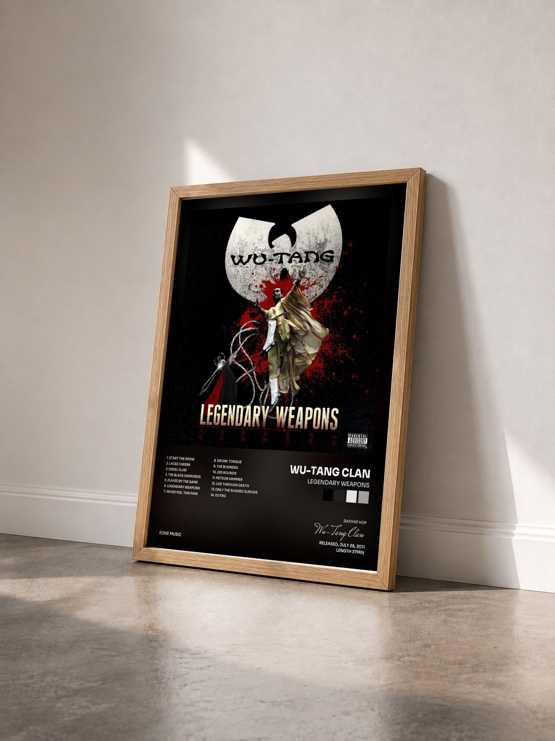 #bois Tableau de l'album Legendary Weapons de Wu-Tang Clan vu de trois quarts, cadre en bois brut