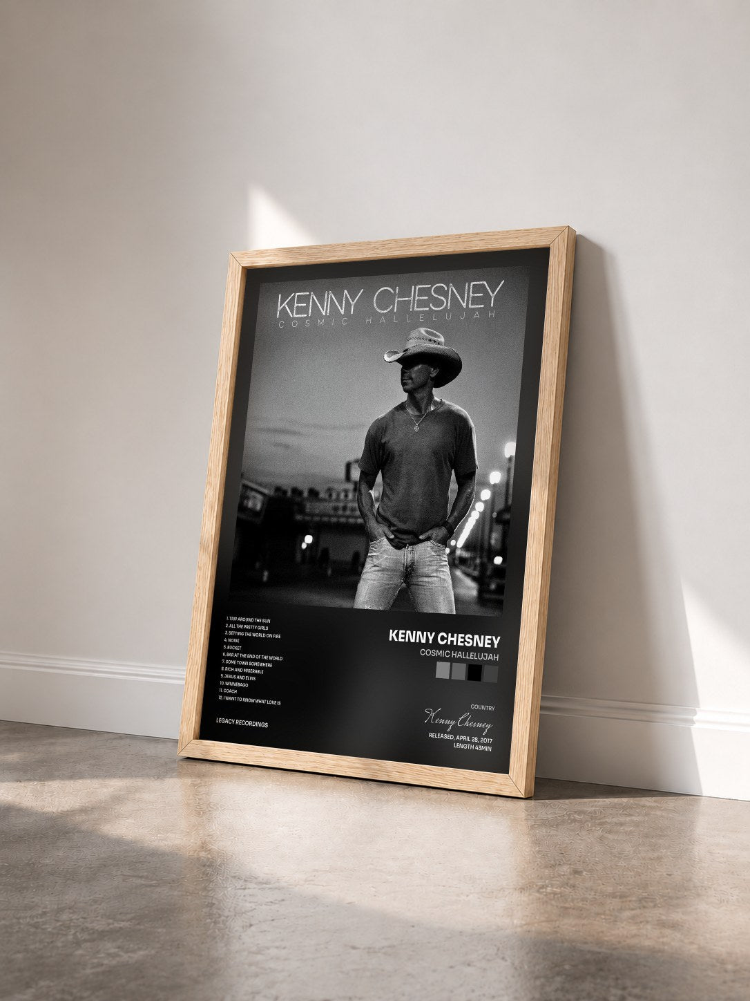 #bois Tableau de l'album Cosmic Hallelujah de Kenny Chesney vu de trois quarts, cadre en bois brut