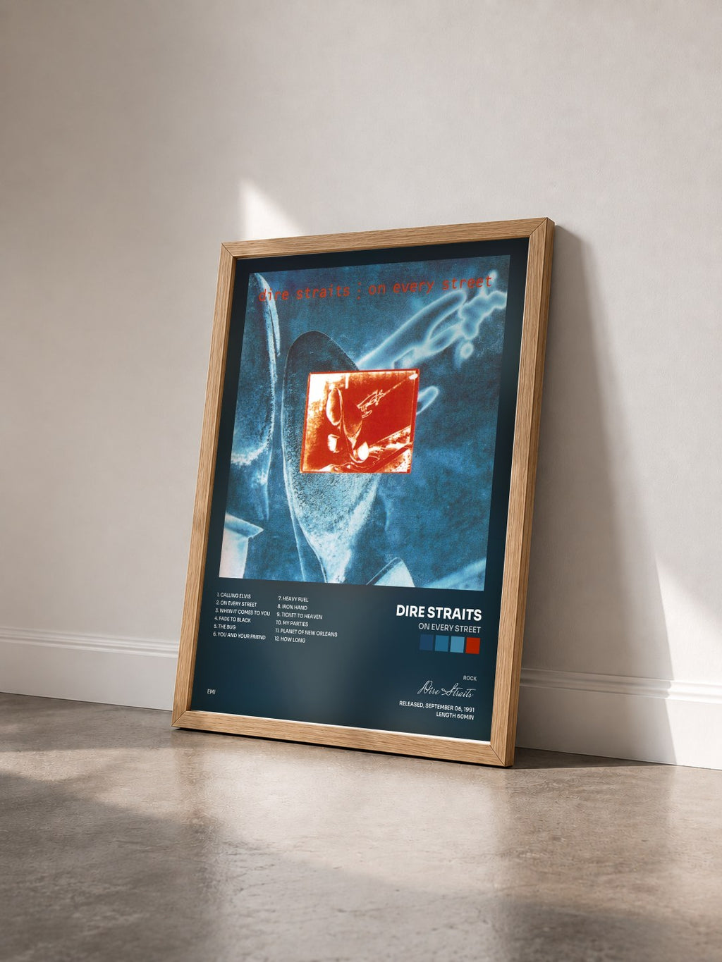 #bois Tableau de l'album On Every Street de Dire Straits vu de trois quarts, cadre en bois brut