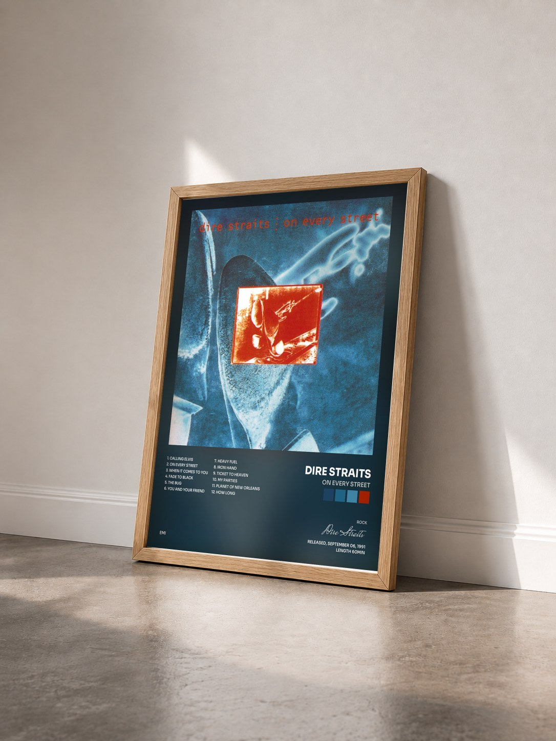 #bois Tableau de l'album On Every Street de Dire Straits vu de trois quarts, cadre en bois brut