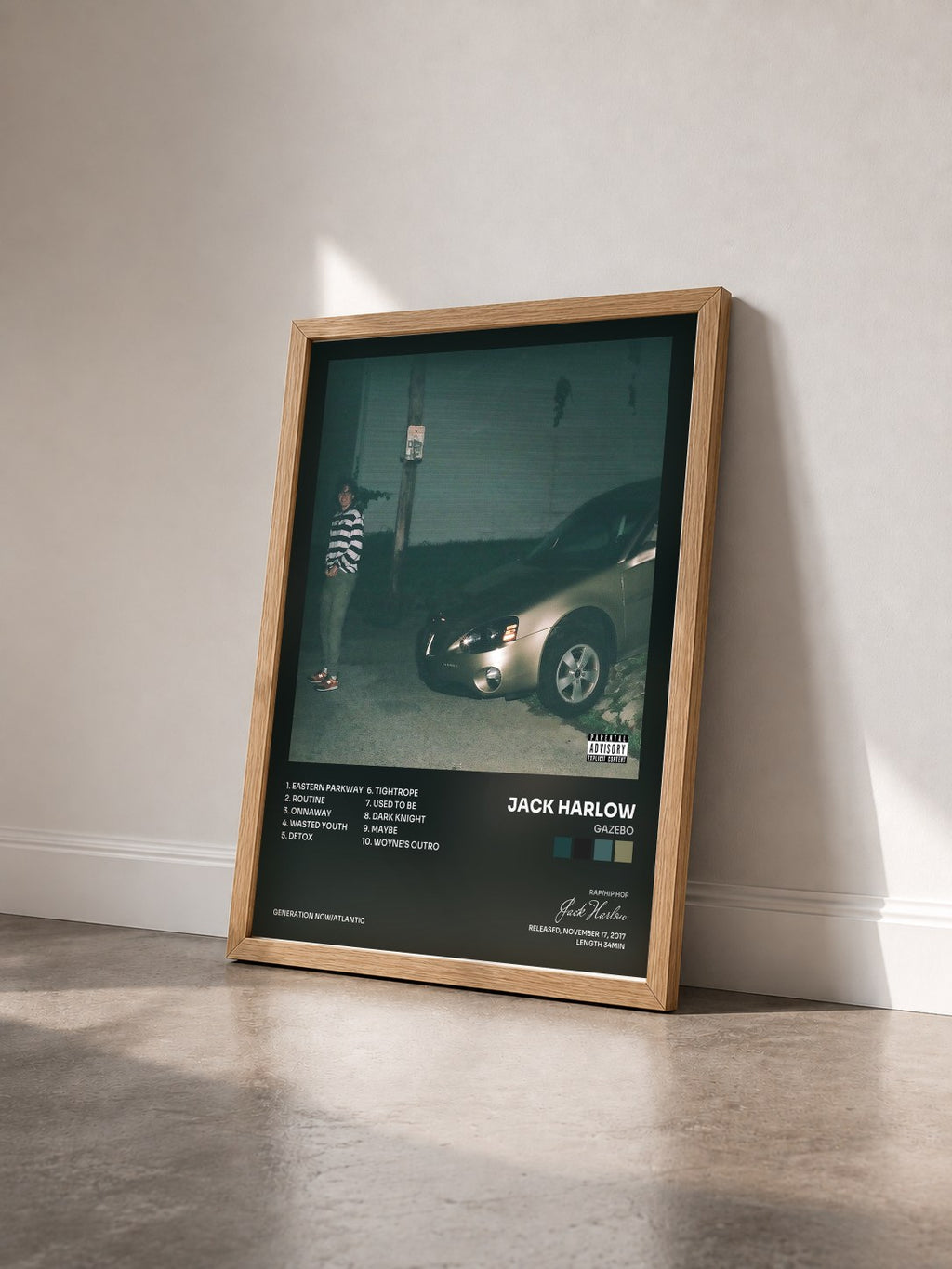 #bois Tableau de l'album Gazebo de Jack Harlow vu de trois quarts, cadre en bois brut