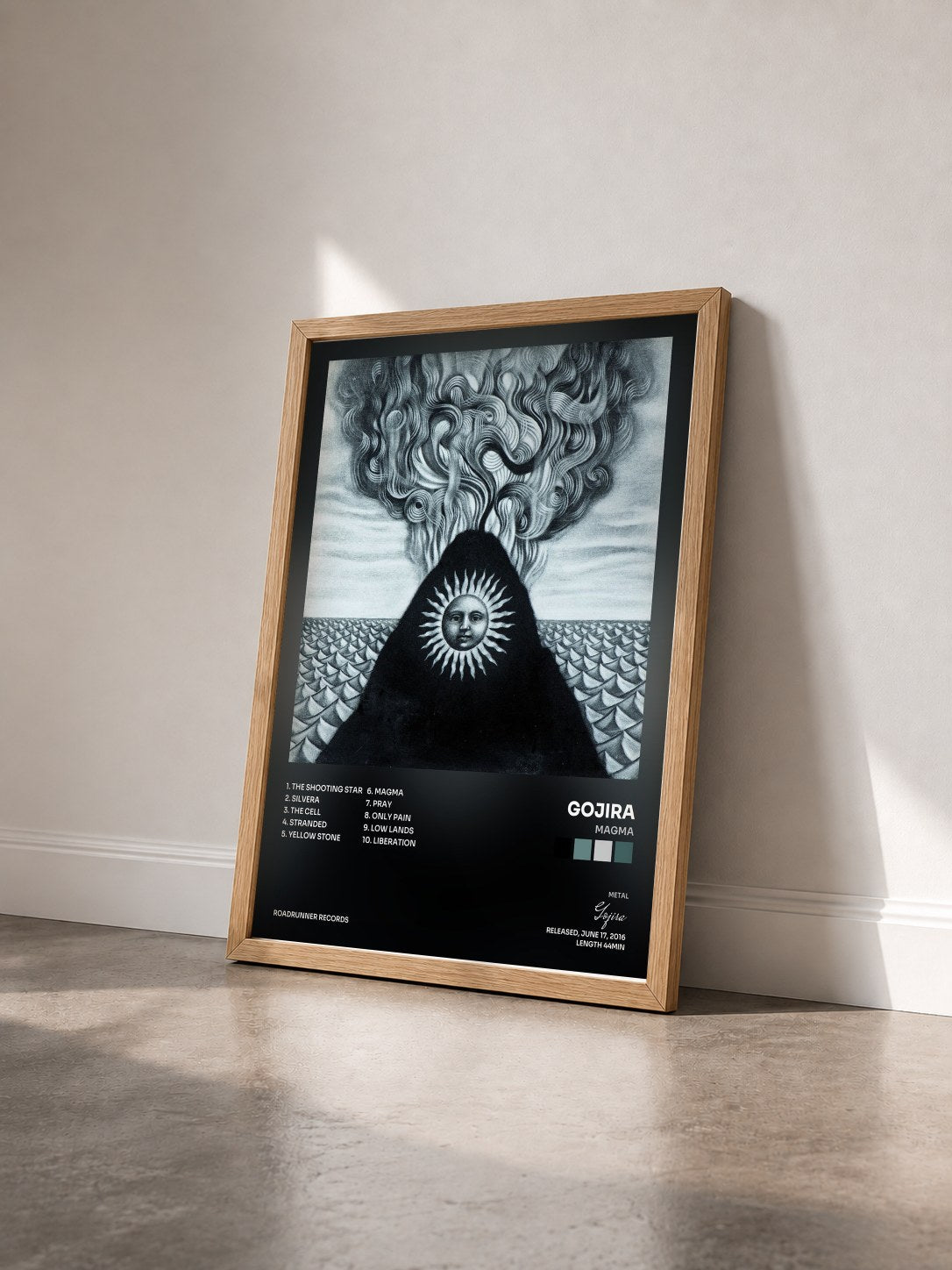 #bois Tableau de l'album Magma de Gojira vu de trois quarts, cadre en bois brut