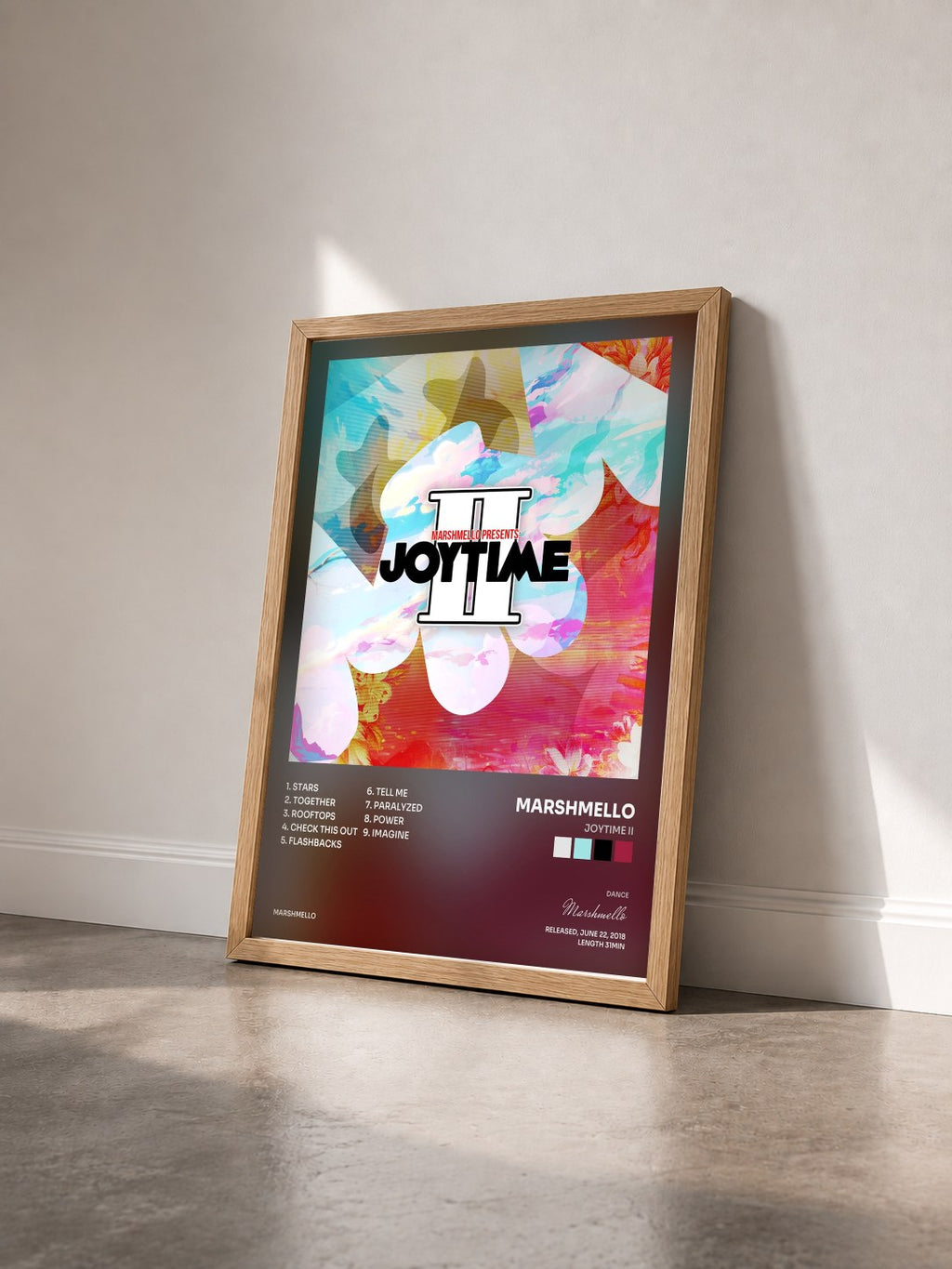 #bois Tableau de l'album Joytime II de Marshmello vu de trois quarts, cadre en bois brut