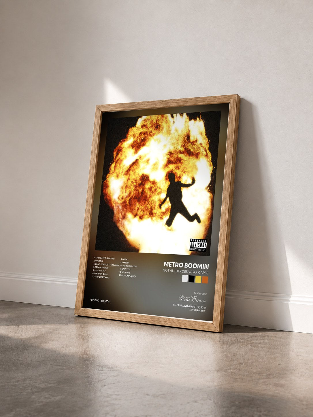 #bois Tableau de l'album NOT ALL HEROES WEAR CAPES de Metro Boomin vu de trois quarts, cadre en bois brut