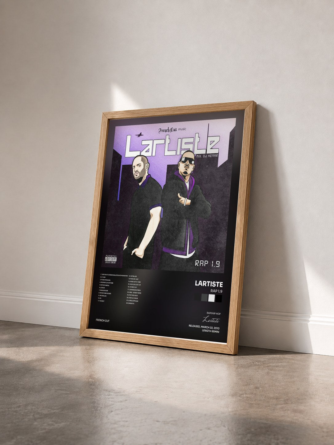#bois Tableau de l'album Rap 1.9 de Lartiste vu de trois quarts, cadre en bois brut