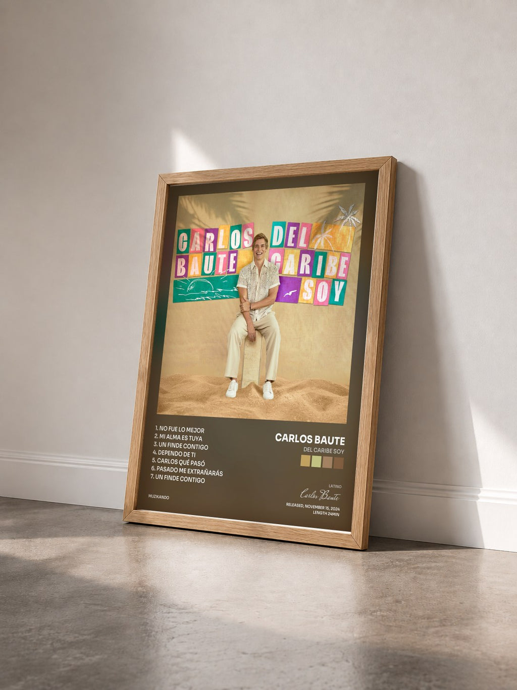 #bois Tableau de l'album Del Caribe Soy de Carlos Baute vu de trois quarts, cadre en bois brut