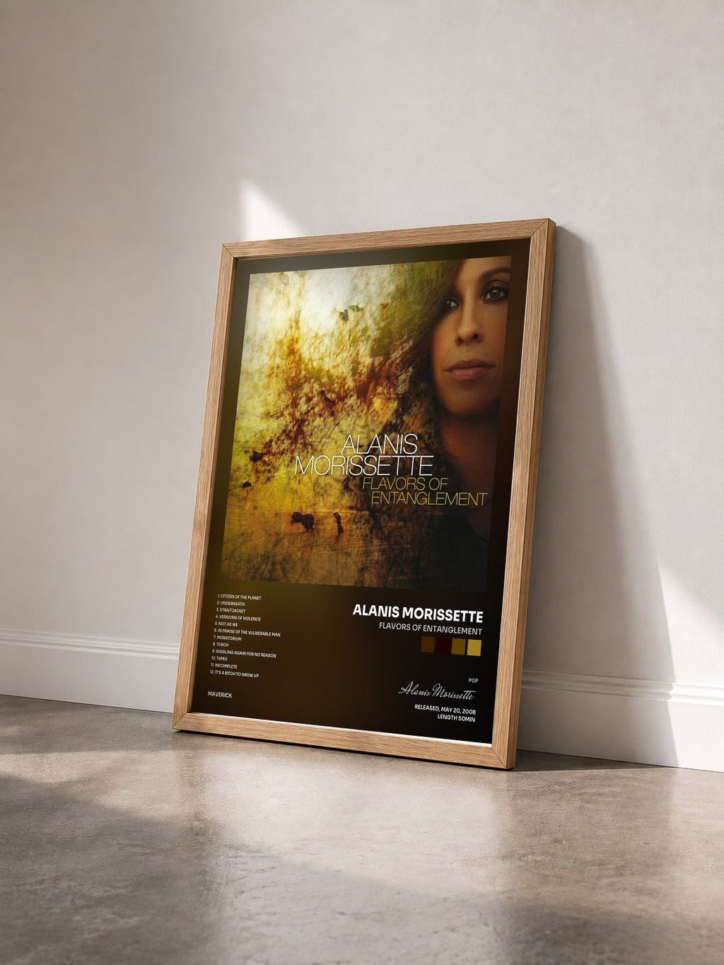 #bois Tableau de l'album Flavors of Entanglement de Alanis Morissette vu de trois quarts, cadre en bois brut