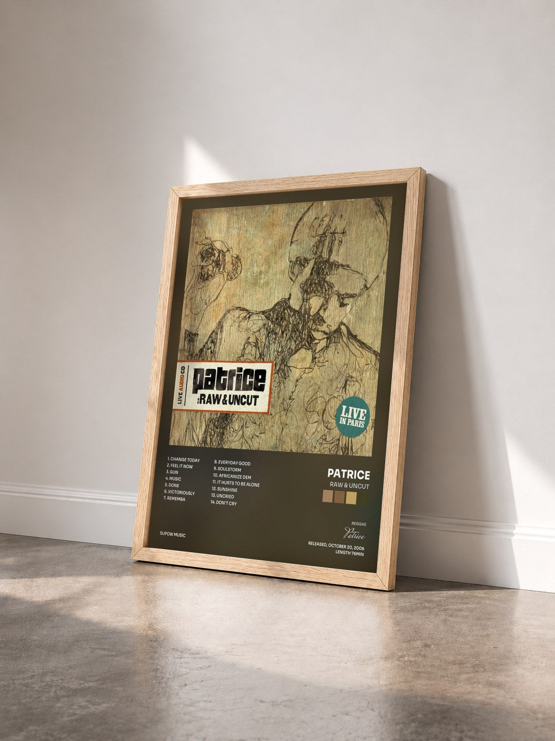#bois Tableau de l'album RAW & UNCUT de Patrice vu de trois quarts, cadre en bois brut