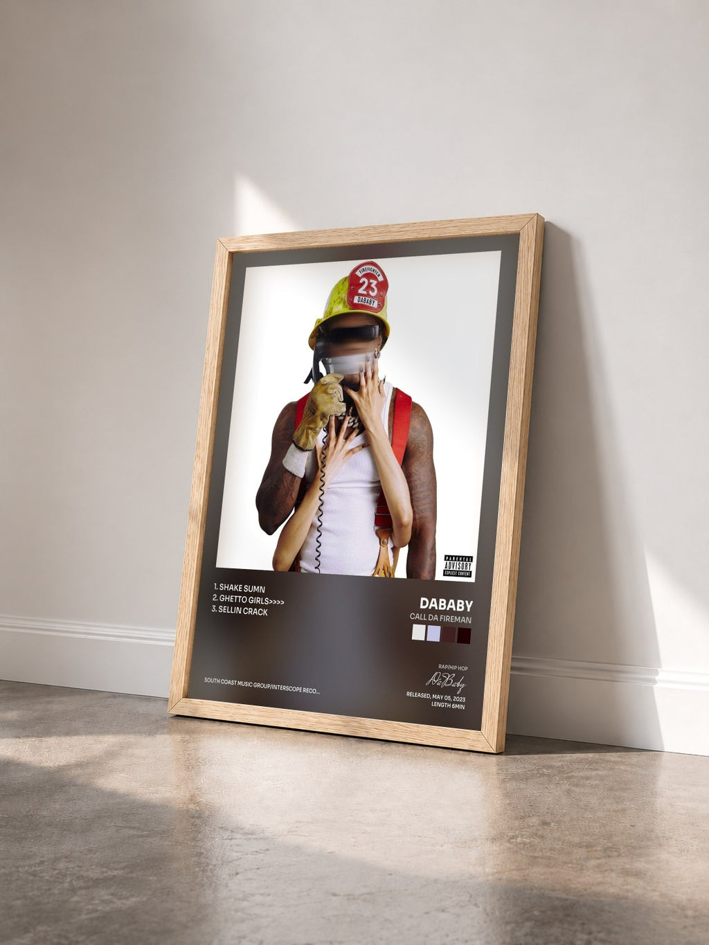 #bois Tableau de l'album CALL DA FIREMAN de DaBaby vu de trois quarts, cadre en bois brut