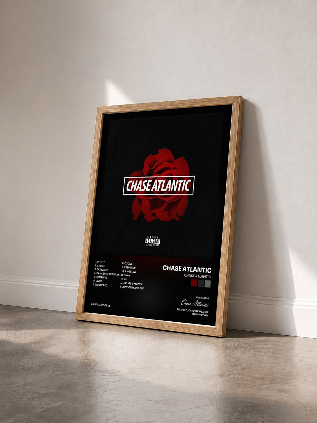 #bois Tableau de l'album Chase Atlantic de Chase Atlantic vu de trois quarts, cadre en bois brut
