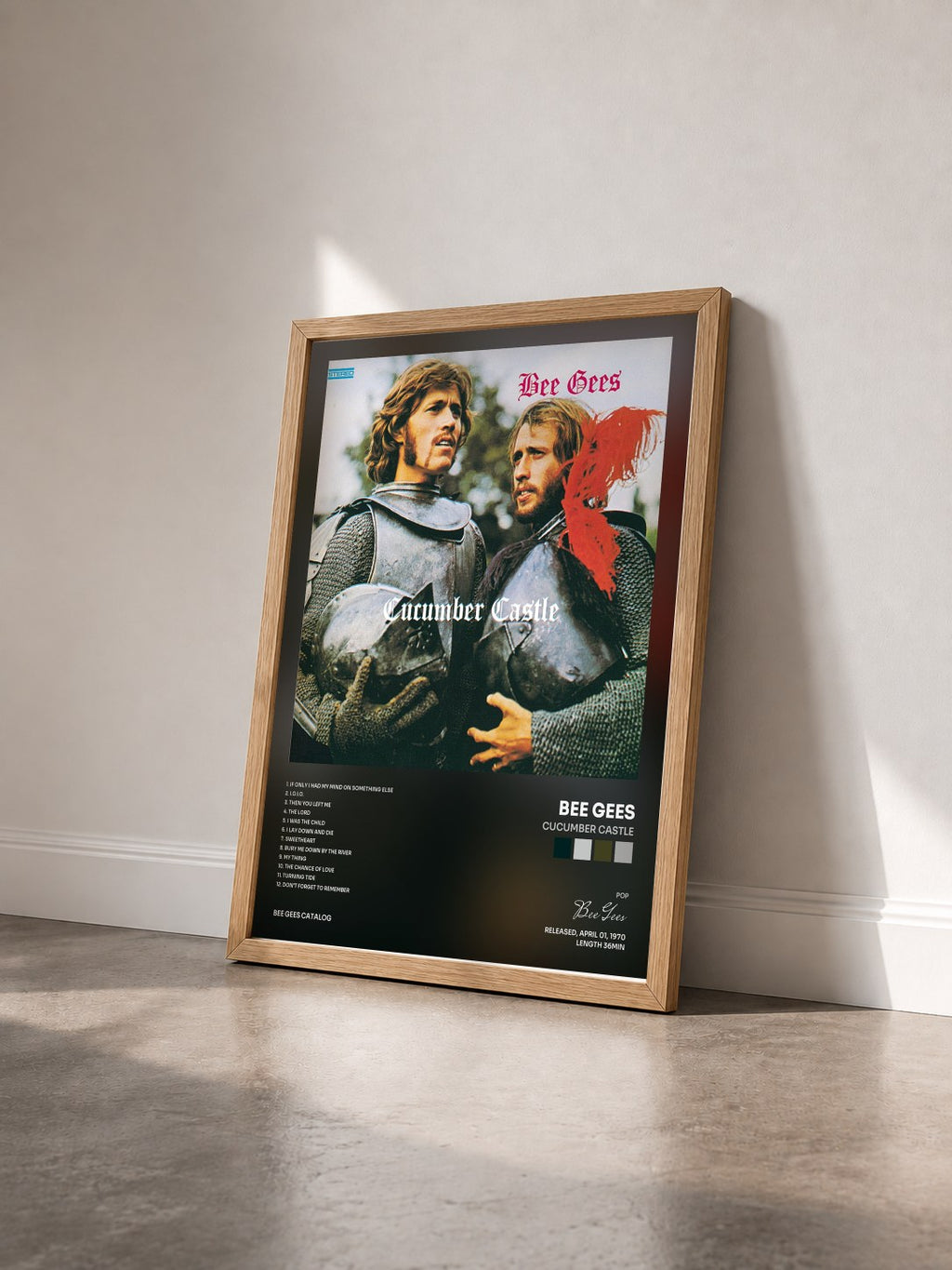 #bois Tableau de l'album Cucumber Castle de Bee Gees vu de trois quarts, cadre en bois brut