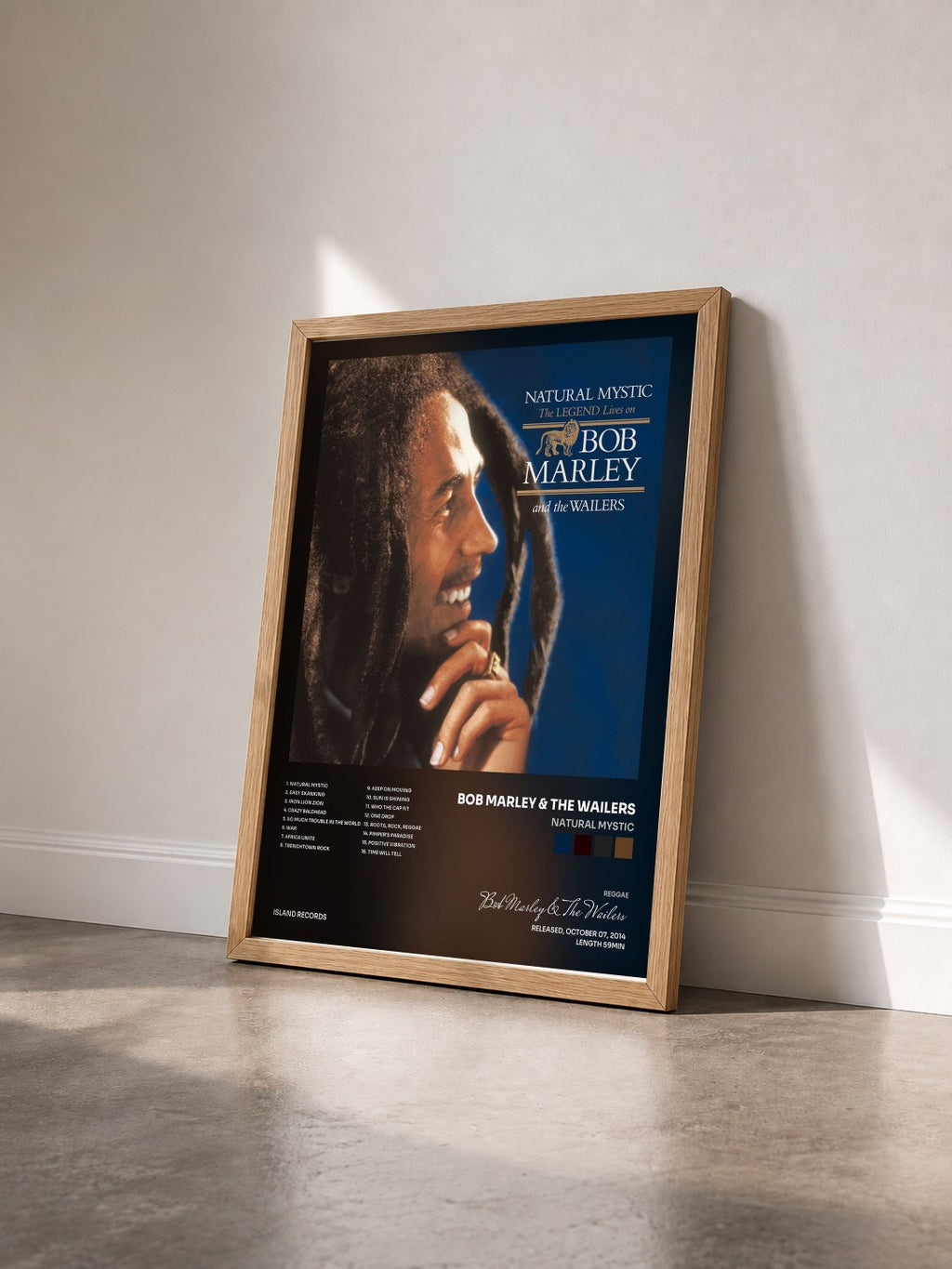 #bois Tableau de l'album Natural Mystic de Bob Marley & The Wailers vu de trois quarts, cadre en bois brut