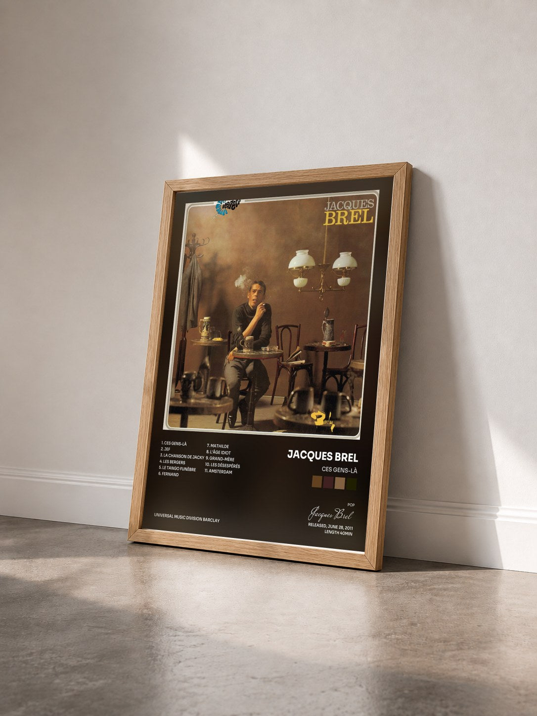 #bois Tableau de l'album Ces gens-là de Jacques Brel vu de trois quarts, cadre en bois brut
