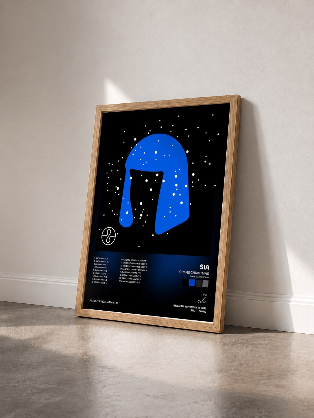 #bois Tableau de l'album Gimme Christmas (Sleep Soundscape) de Sia vu de trois quarts, cadre en bois brut