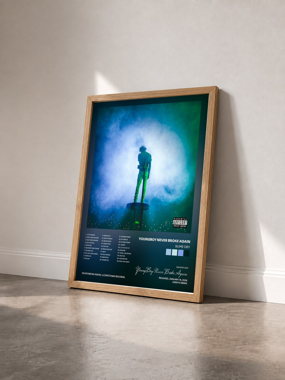 #bois Tableau de l'album Slime Cry de YoungBoy Never Broke Again vu de trois quarts, cadre en bois brut