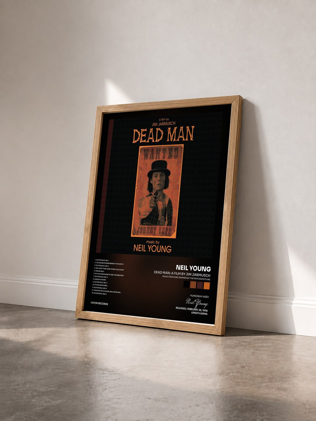 #bois Tableau de l'album Dead Man: A Film By Jim Jarmusch (Music From And Inspired By The Motion Picture) de Neil Young vu de trois quarts, cadre en bois brut