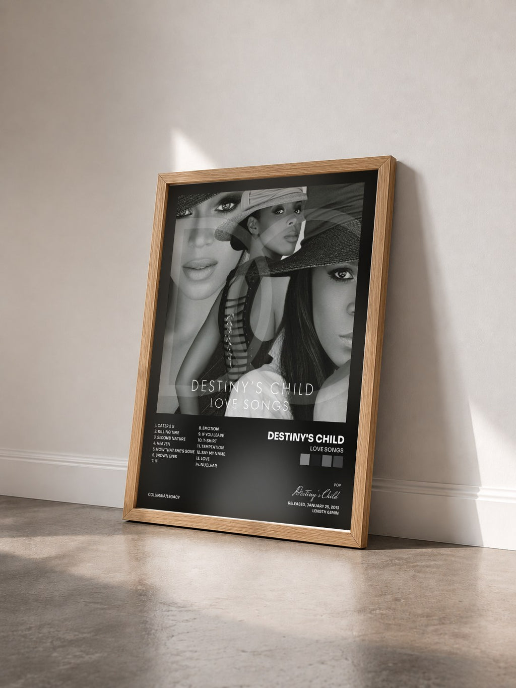 #bois Tableau de l'album Love Songs de Destiny's Child vu de trois quarts, cadre en bois brut