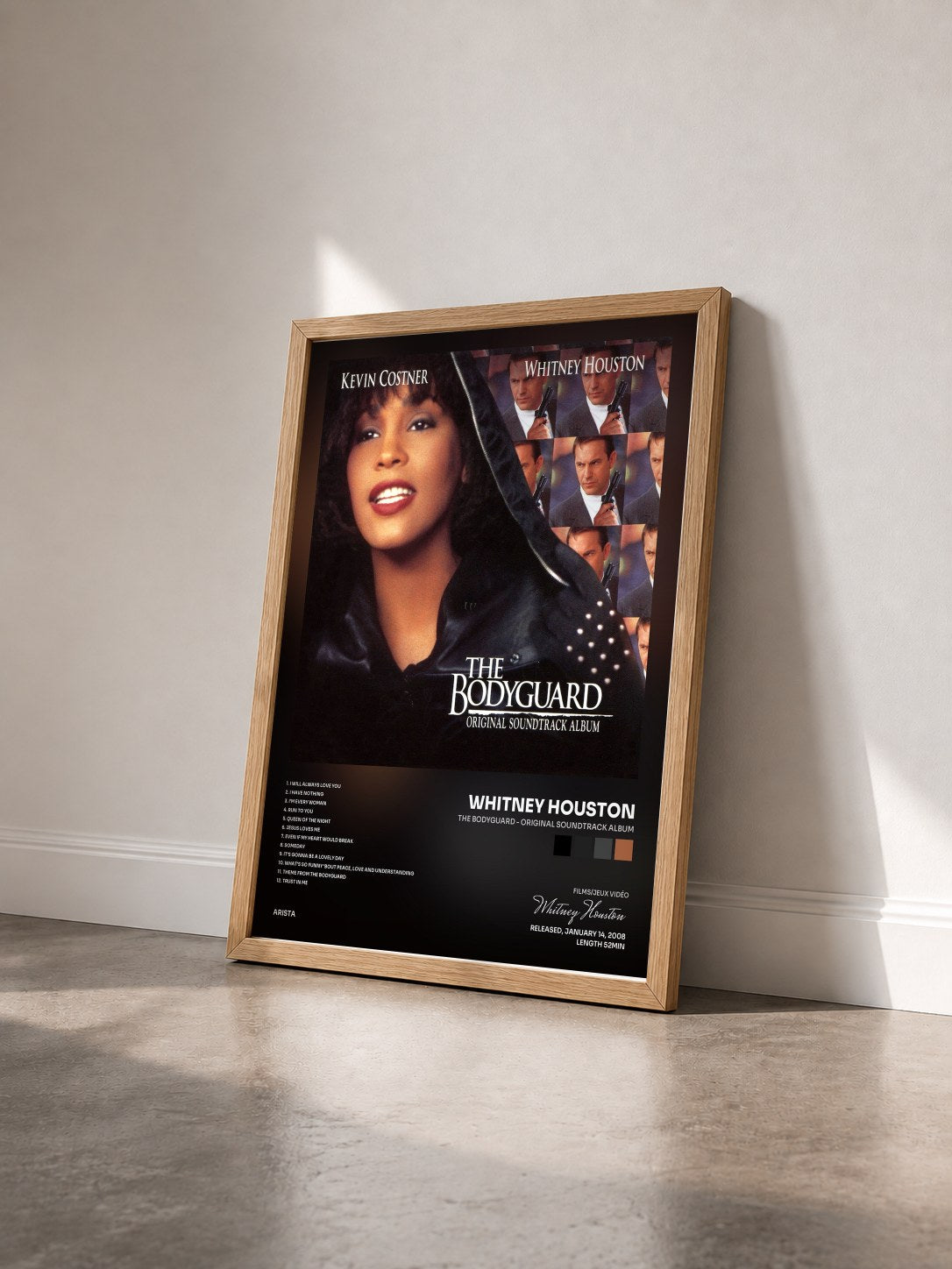 #bois Tableau de l'album The Bodyguard - Original Soundtrack Album de Whitney Houston vu de trois quarts, cadre en bois brut