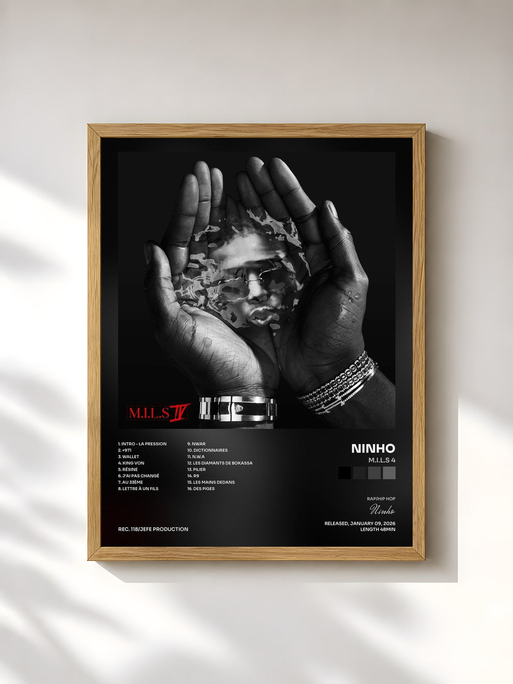 #bois Tableau de l'album M.I.L.S 4 de Ninho, cadre en bois brut, imprimé et encadré en France