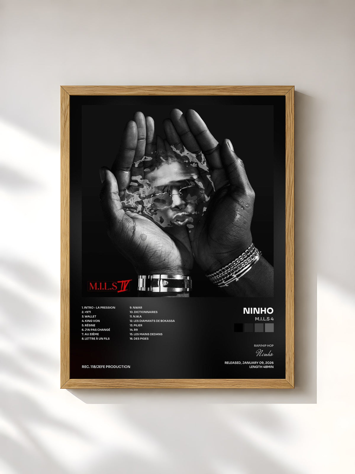 #bois Tableau de l'album M.I.L.S 4 de Ninho, cadre en bois brut, imprimé et encadré en France