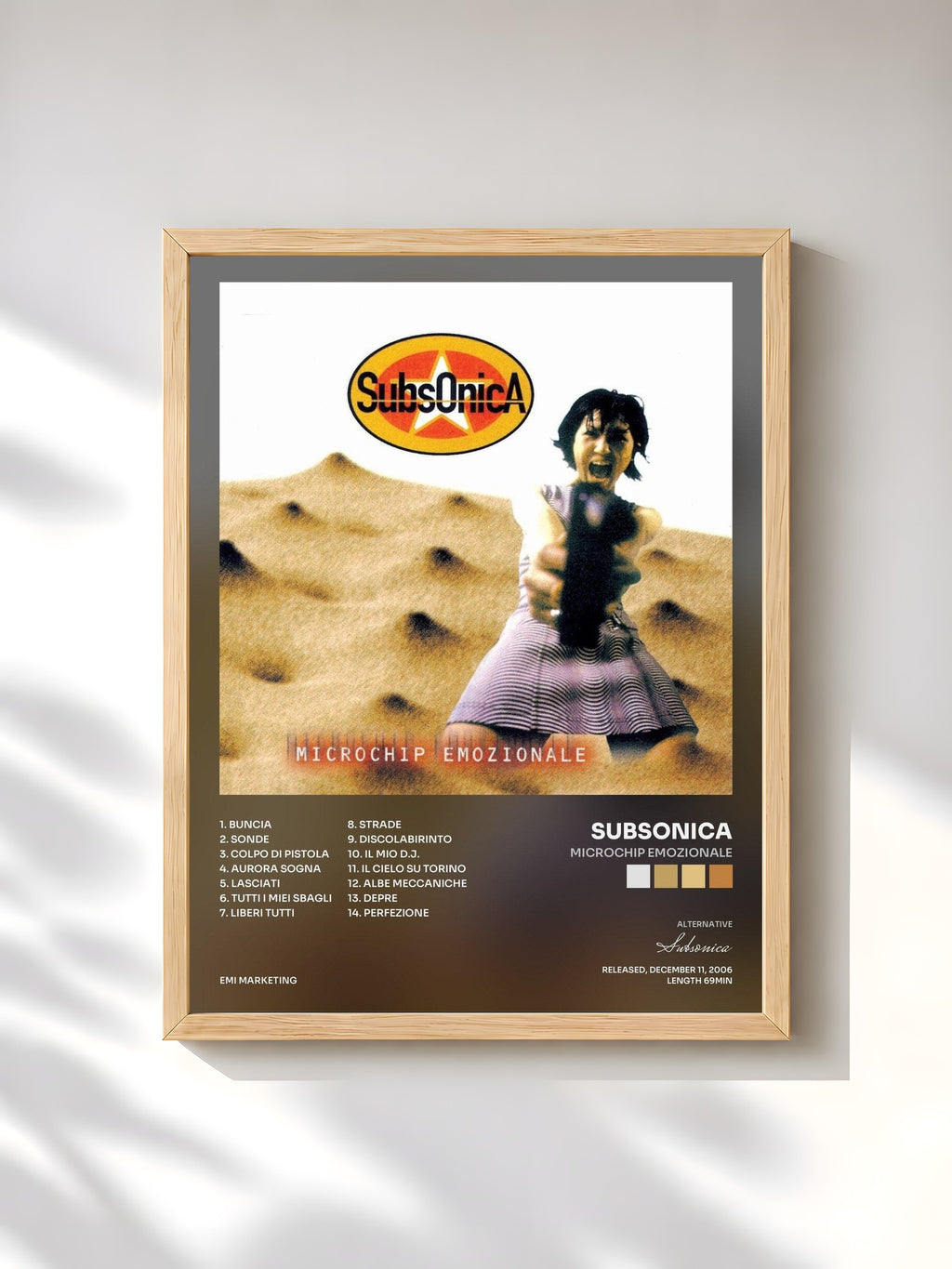 #bois Tableau de l'album Microchip Emozionale de Subsonica, cadre en bois brut, imprimé et encadré en France