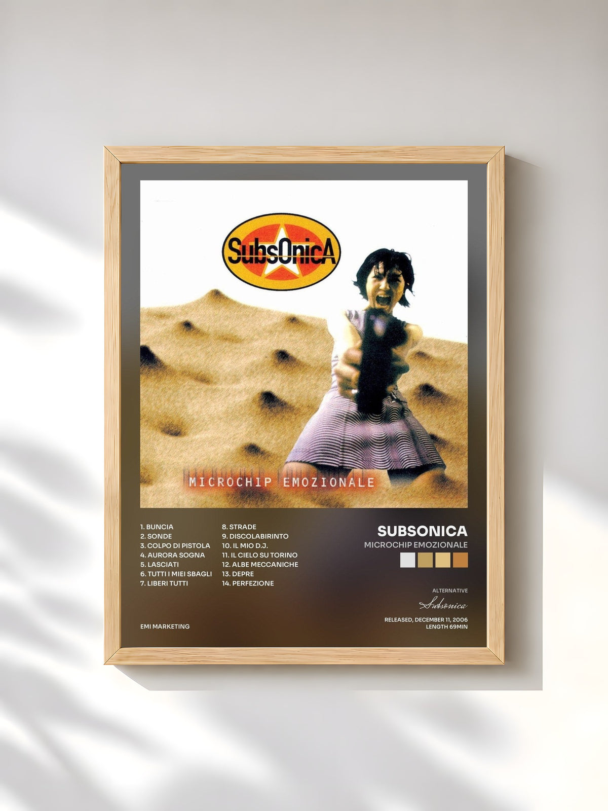 #bois Tableau de l'album Microchip Emozionale de Subsonica, cadre en bois brut, imprimé et encadré en France