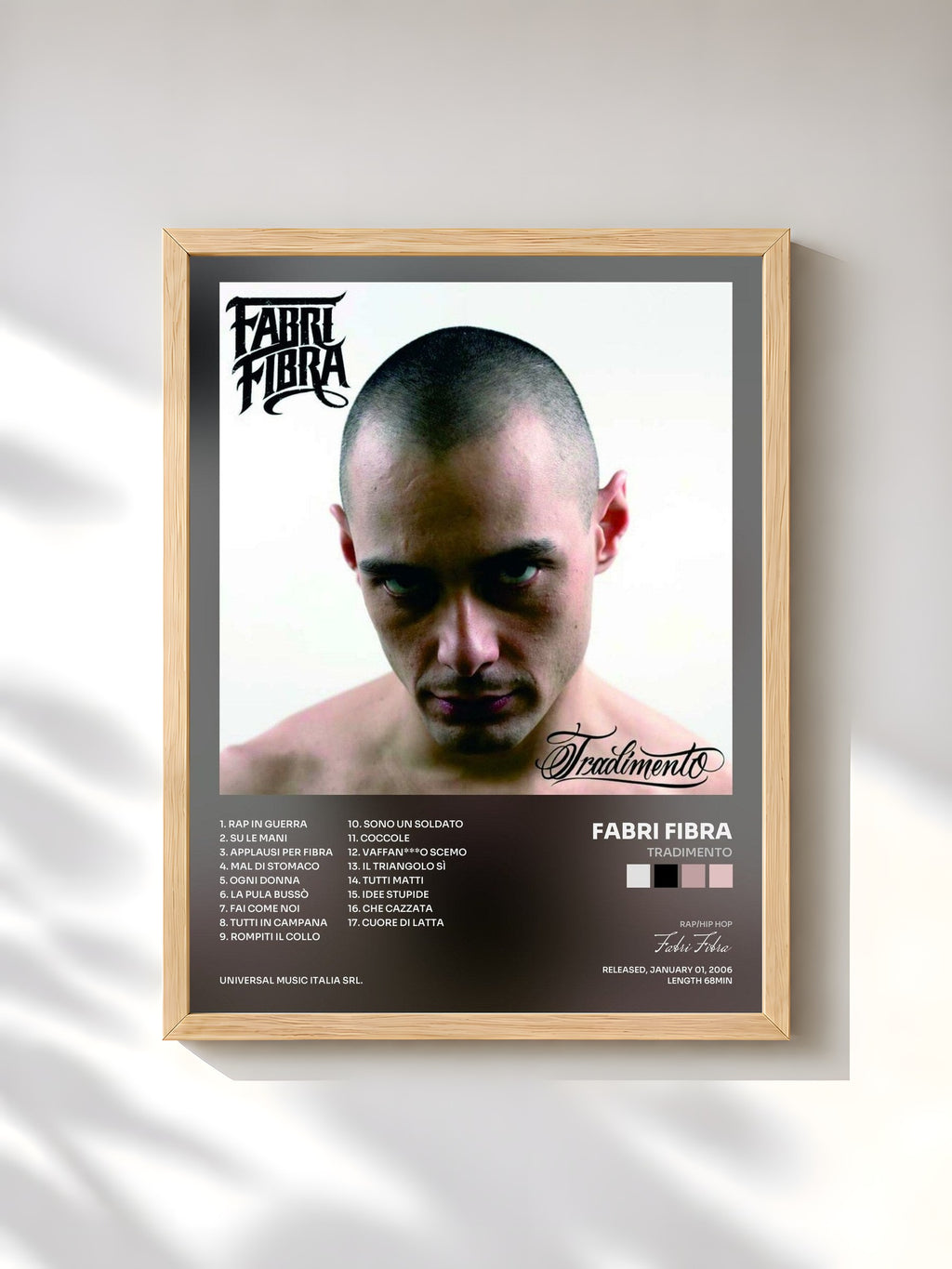 #bois Tableau de l'album Tradimento de Fabri Fibra, cadre en bois brut, imprimé et encadré en France